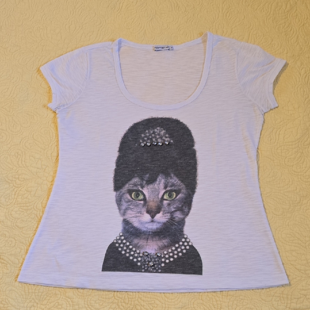 Stylish Cat Print White T-Shirt
